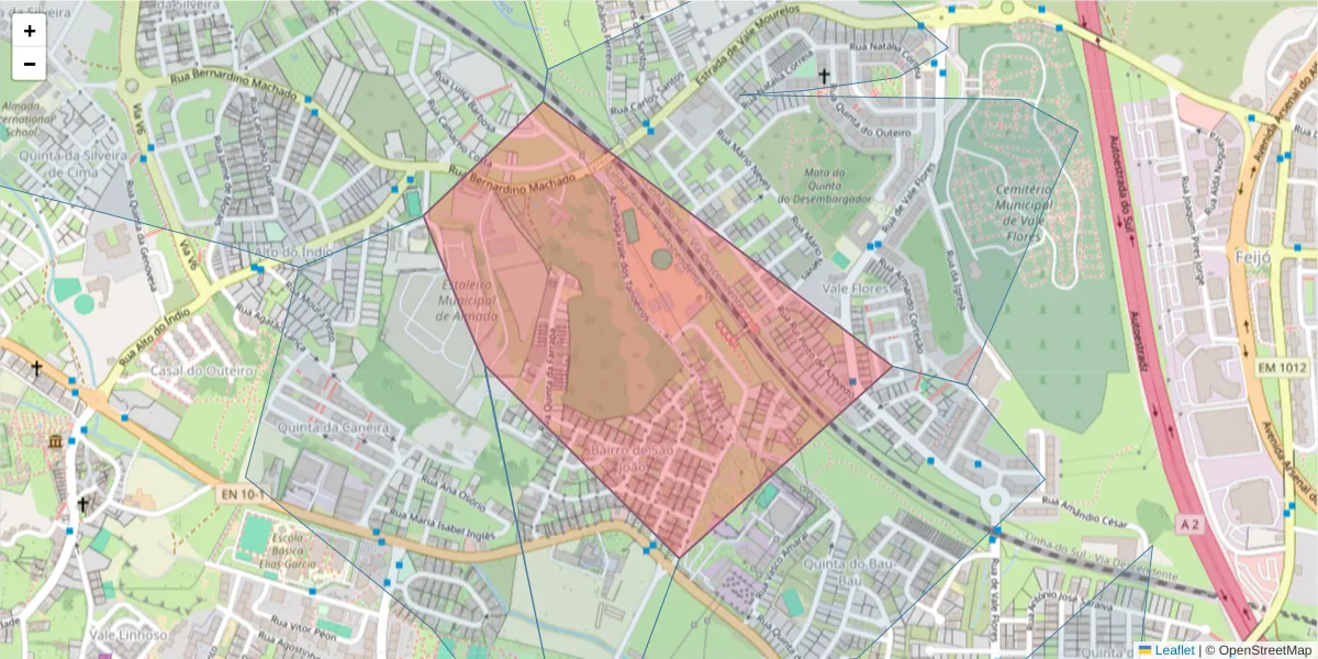 Mapa detalhado do código postal 2815-720 com limites, códigos postais vizinhos e agências dos correios