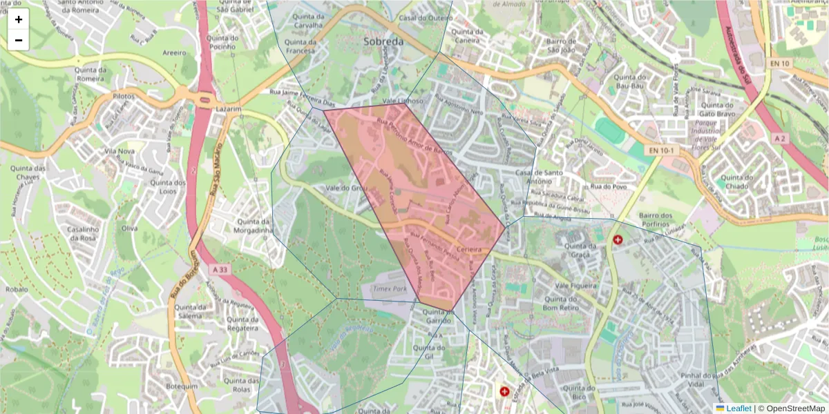 Mapa detalhado do código postal 2815-758 com limites, códigos postais vizinhos e agências dos correios