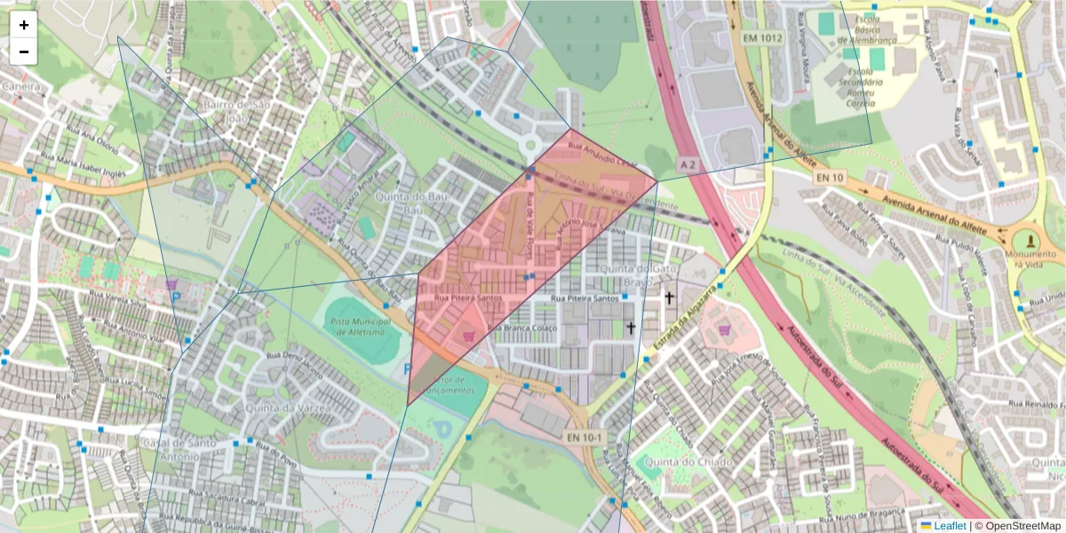 Mapa detalhado do código postal 2815-787 com limites, códigos postais vizinhos e agências dos correios