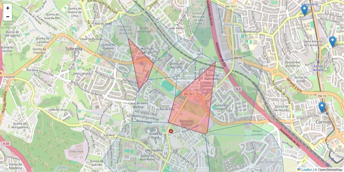 Mapa detalhado do código postal 2815-892 com limites, códigos postais vizinhos e agências dos correios