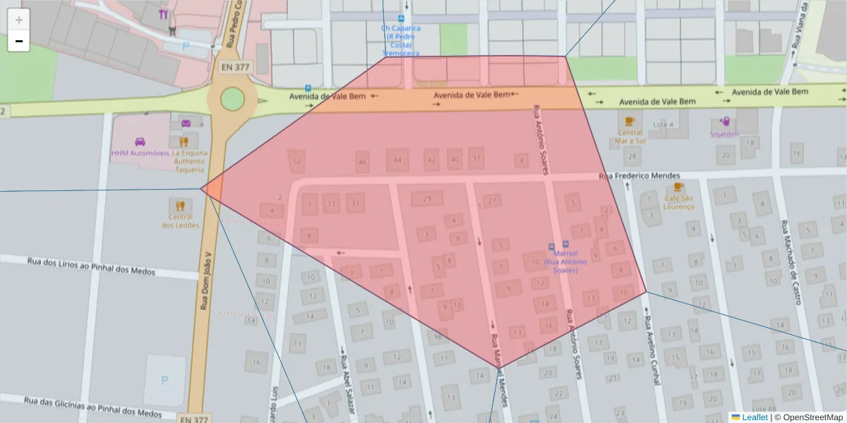 Mapa detalhado do código postal 2820-098 com limites, códigos postais vizinhos e agências dos correios
