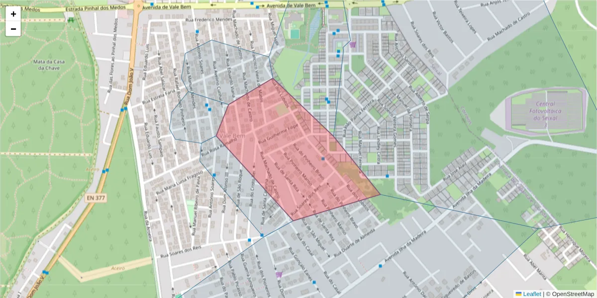 Mapa detalhado do código postal 2820-126 com limites, códigos postais vizinhos e agências dos correios