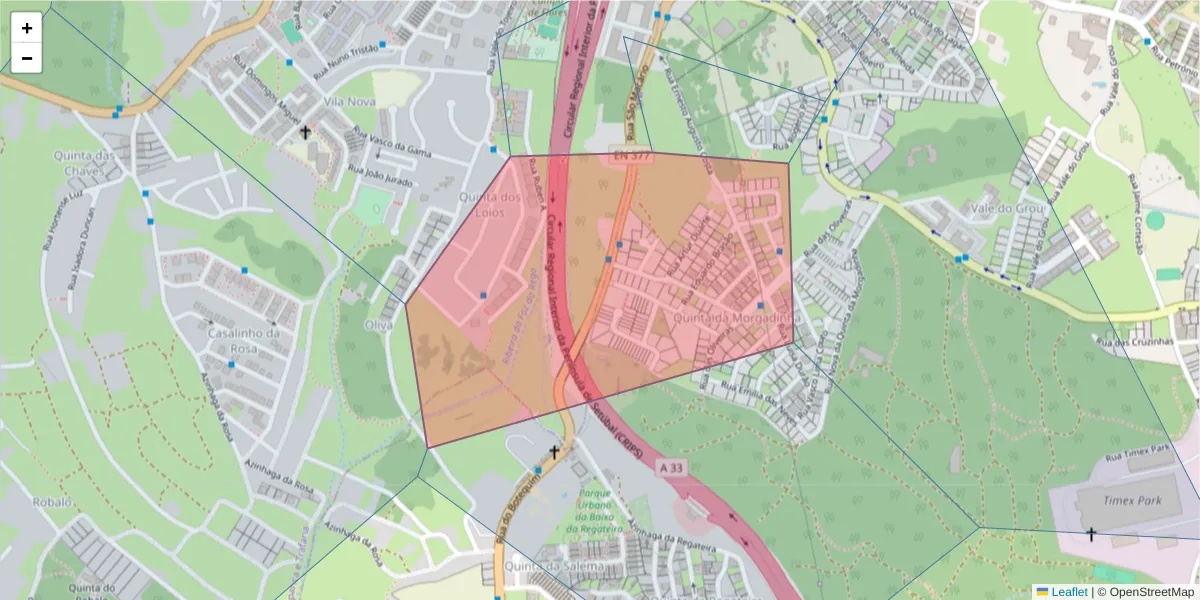 Mapa detalhado do código postal 2820-156 com limites, códigos postais vizinhos e agências dos correios