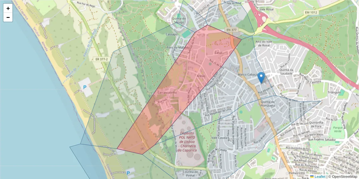 Mapa detalhado do código postal 2820-160 com limites, códigos postais vizinhos e agências dos correios