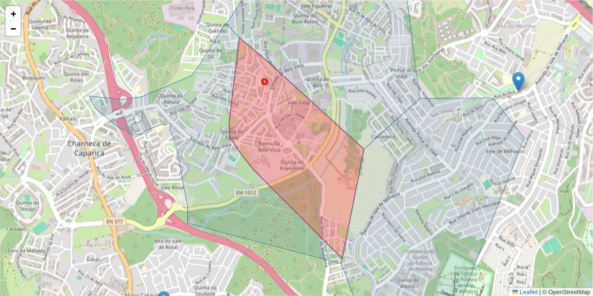 Mapa detalhado do código postal 2820-164 com limites, códigos postais vizinhos e agências dos correios