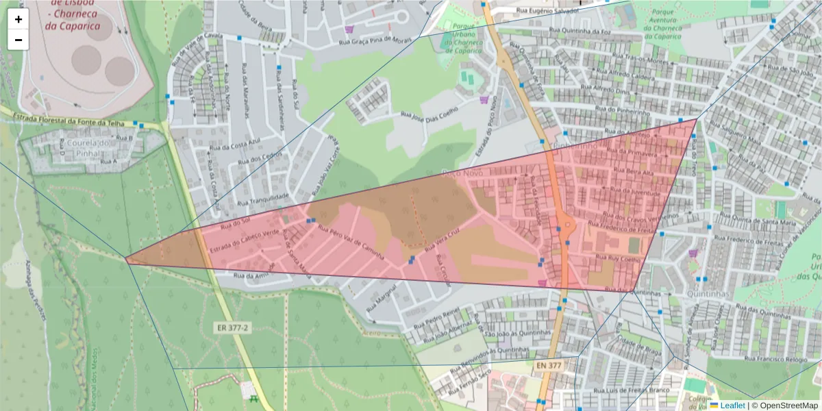 Mapa detalhado do código postal 2820-187 com limites, códigos postais vizinhos e agências dos correios