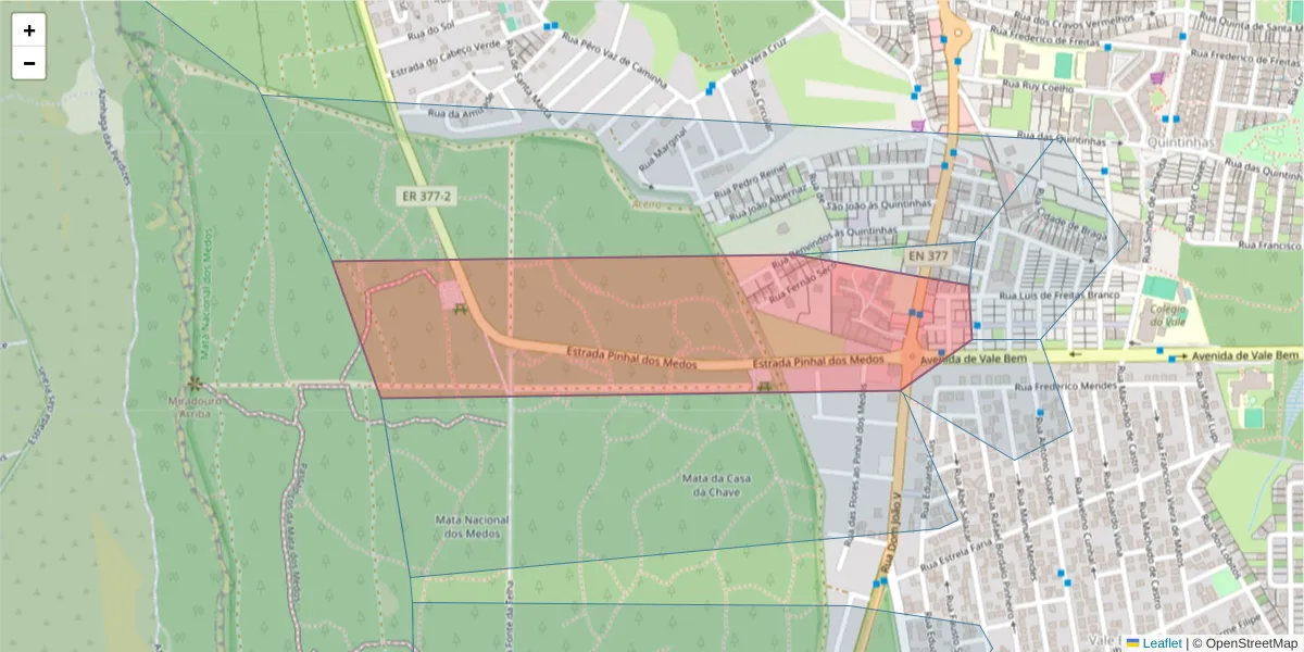 Mapa detalhado do código postal 2820-190 com limites, códigos postais vizinhos e agências dos correios