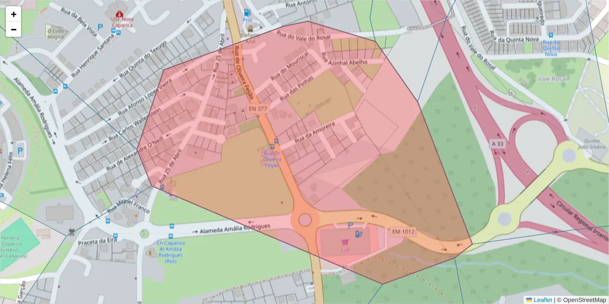 Mapa detalhado do código postal 2820-205 com limites, códigos postais vizinhos e agências dos correios