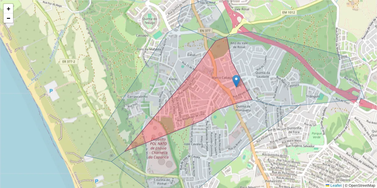Mapa detalhado do código postal 2820-210 com limites, códigos postais vizinhos e agências dos correios