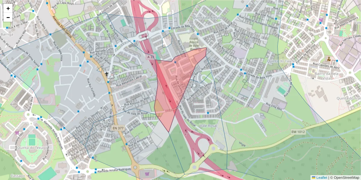Mapa detalhado do código postal 2820-214 com limites, códigos postais vizinhos e agências dos correios