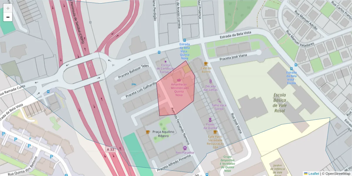 Mapa detalhado do código postal 2820-271 com limites, códigos postais vizinhos e agências dos correios