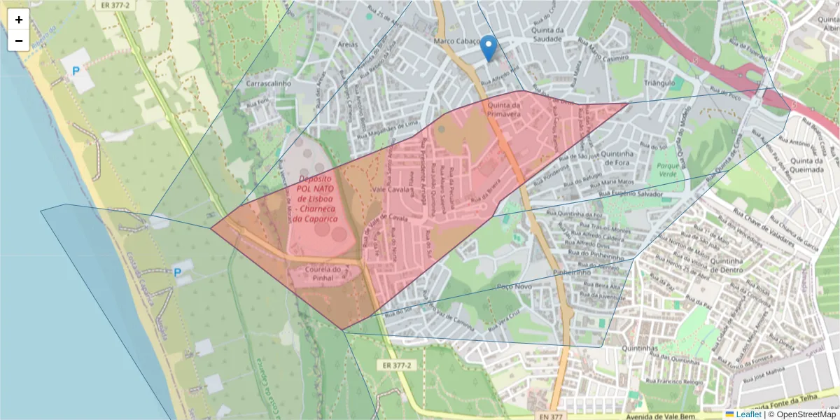 Mapa detalhado do código postal 2820-287 com limites, códigos postais vizinhos e agências dos correios