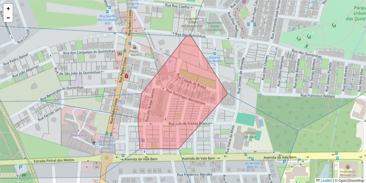 Mapa detalhado do código postal 2820-377 com limites, códigos postais vizinhos e agências dos correios
