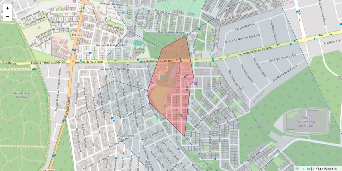 Mapa detalhado do código postal 2820-382 com limites, códigos postais vizinhos e agências dos correios