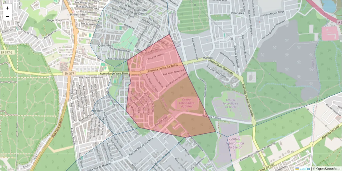 Mapa detalhado do código postal 2820-387 com limites, códigos postais vizinhos e agências dos correios