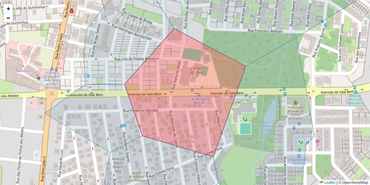 Mapa detalhado do código postal 2820-389 com limites, códigos postais vizinhos e agências dos correios