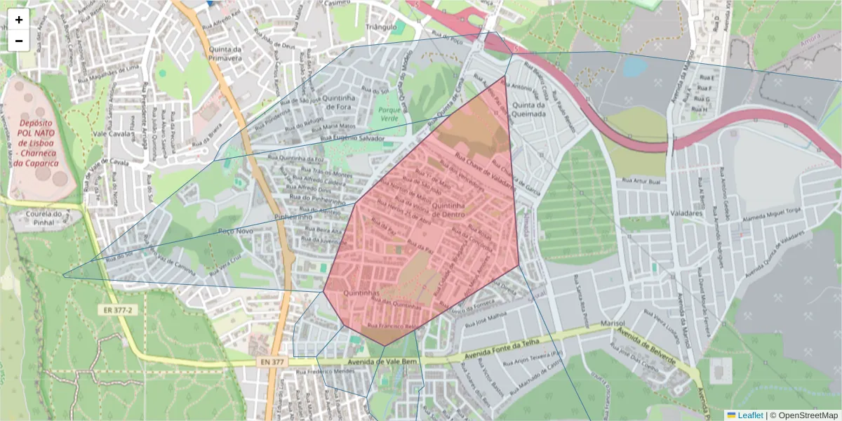 Mapa detalhado do código postal 2820-514 com limites, códigos postais vizinhos e agências dos correios