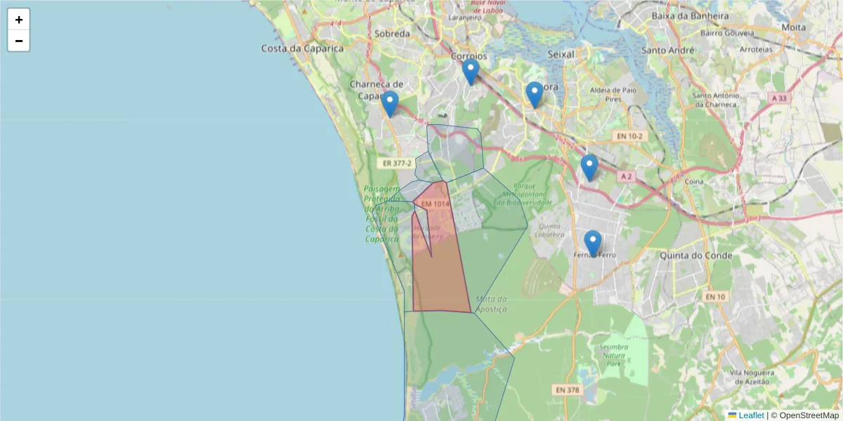 Mapa detalhado do código postal 2820-567 com limites, códigos postais vizinhos e agências dos correios