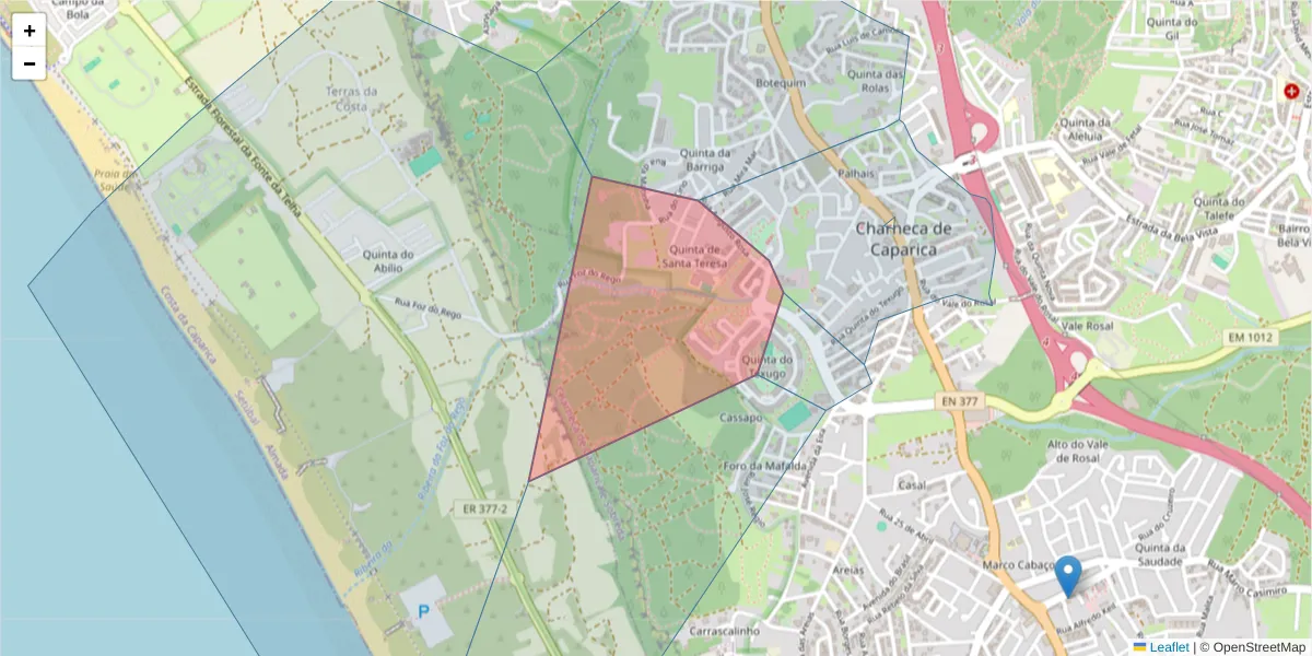 Mapa detalhado do código postal 2820-597 com limites, códigos postais vizinhos e agências dos correios
