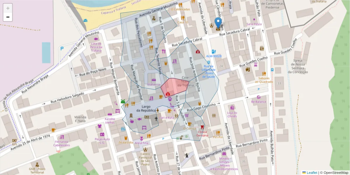 Mapa detalhado do código postal 2825-000 com limites, códigos postais vizinhos e agências dos correios