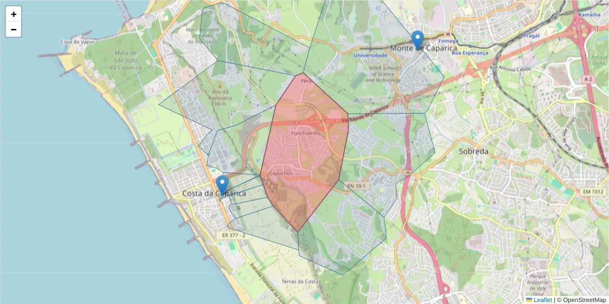 Mapa detalhado do código postal 2825-041 com limites, códigos postais vizinhos e agências dos correios