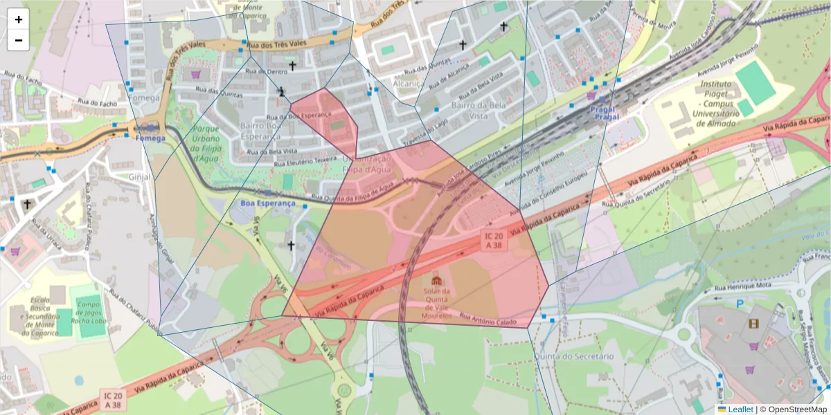 Mapa detalhado do código postal 2825-058 com limites, códigos postais vizinhos e agências dos correios