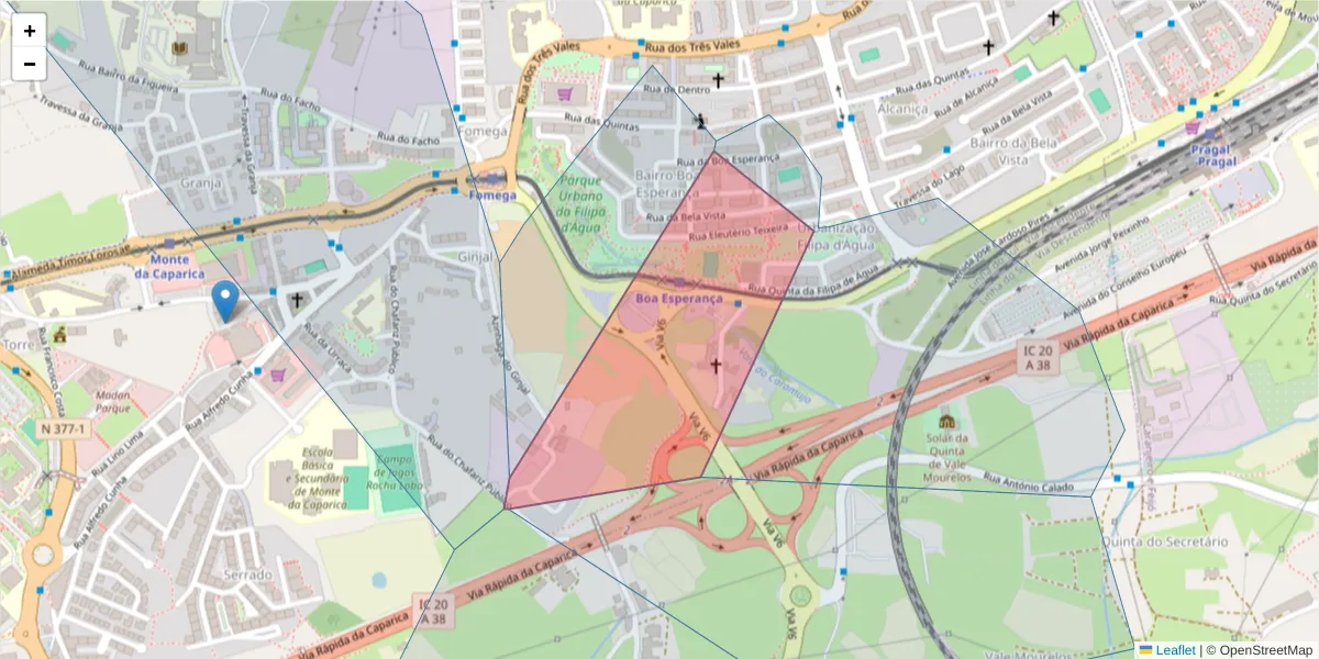 Mapa detalhado do código postal 2825-061 com limites, códigos postais vizinhos e agências dos correios