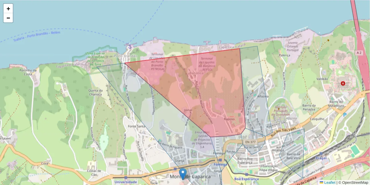 Mapa detalhado do código postal 2825-099 com limites, códigos postais vizinhos e agências dos correios