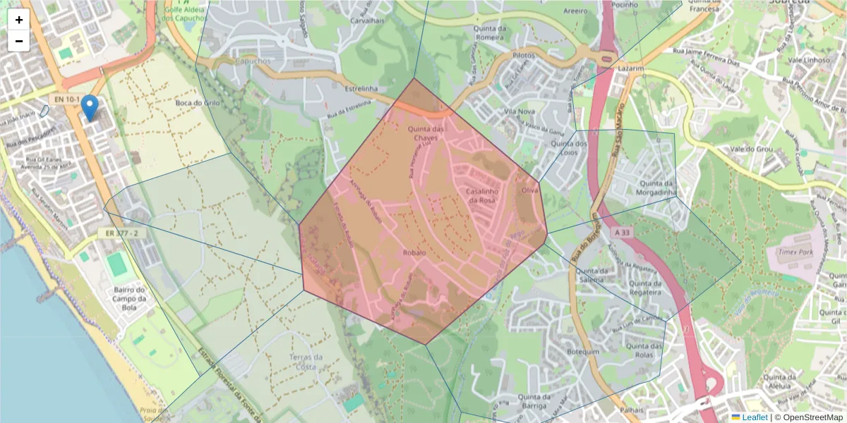 Mapa detalhado do código postal 2825-141 com limites, códigos postais vizinhos e agências dos correios