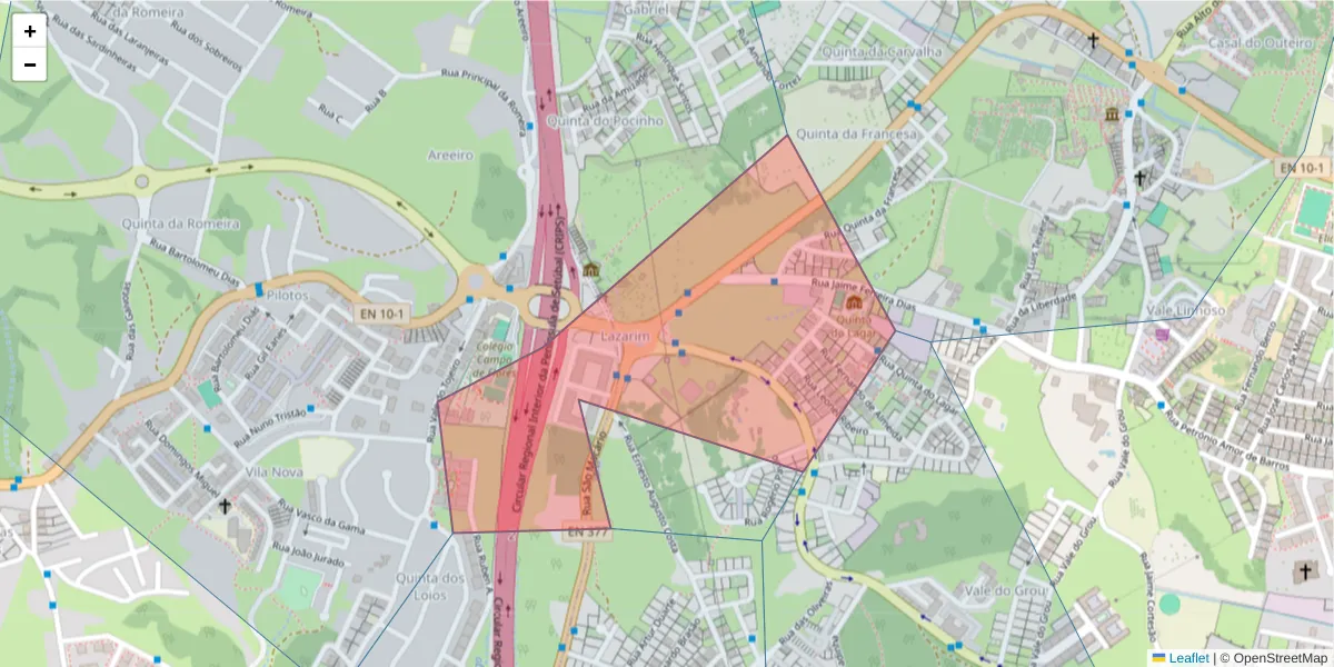 Mapa detalhado do código postal 2825-159 com limites, códigos postais vizinhos e agências dos correios