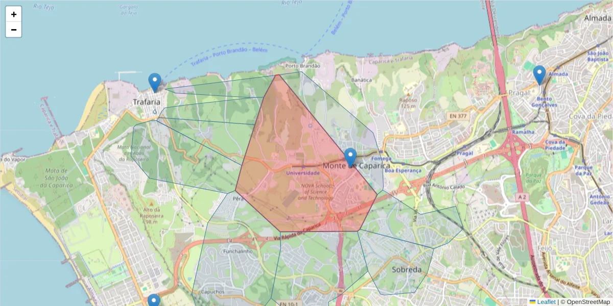Mapa detalhado do código postal 2825-182 com limites, códigos postais vizinhos e agências dos correios