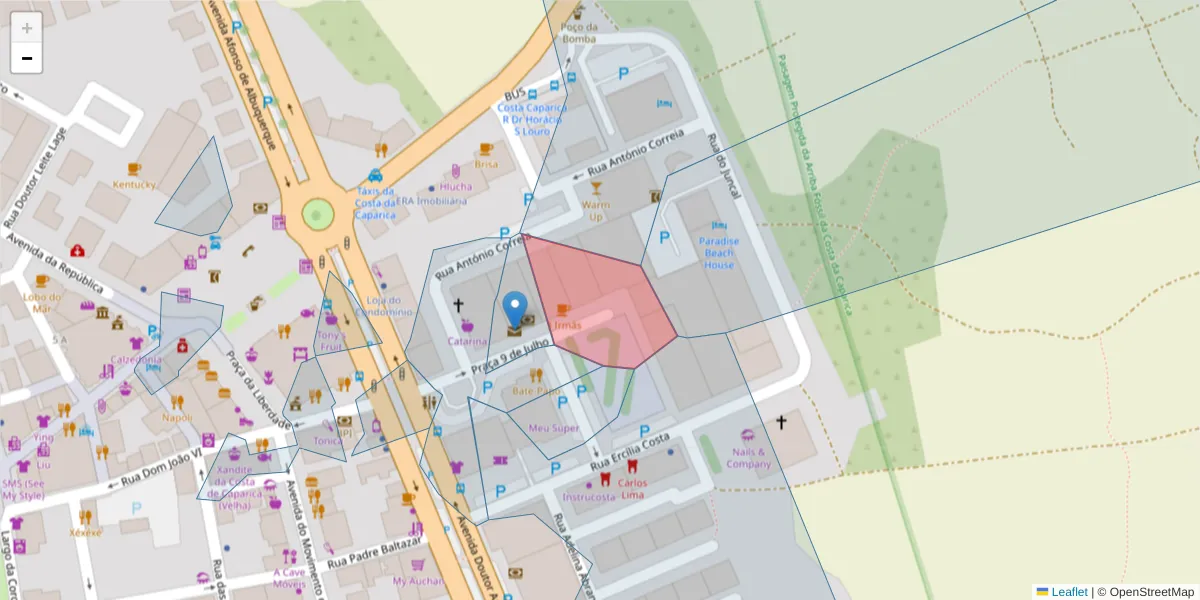 Mapa detalhado do código postal 2825-290 com limites, códigos postais vizinhos e agências dos correios