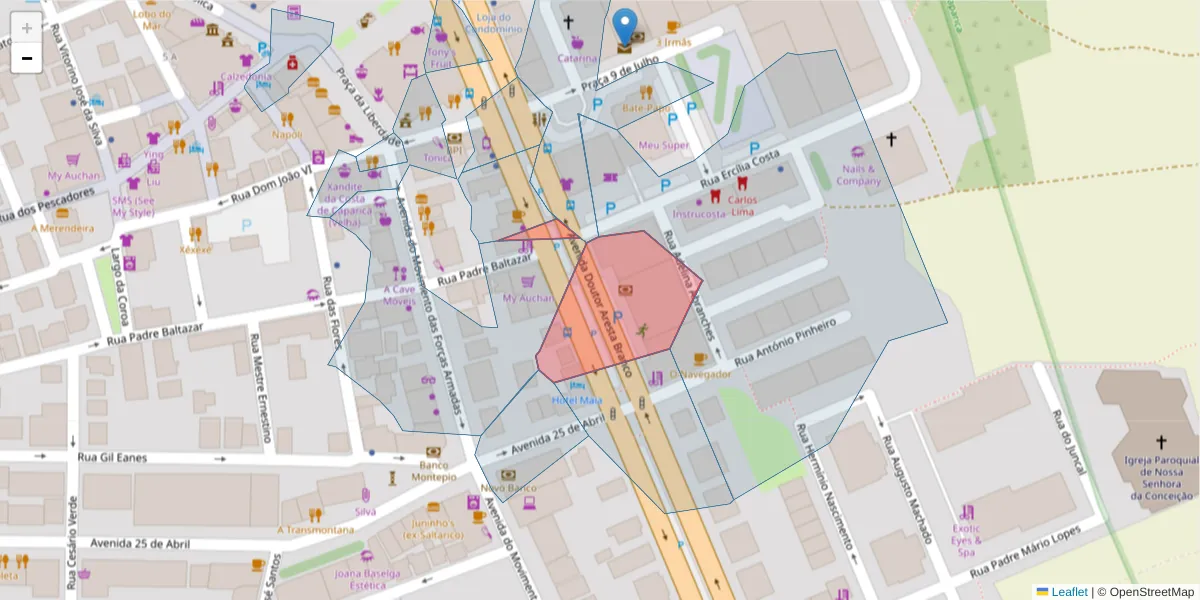 Mapa detalhado do código postal 2825-297 com limites, códigos postais vizinhos e agências dos correios