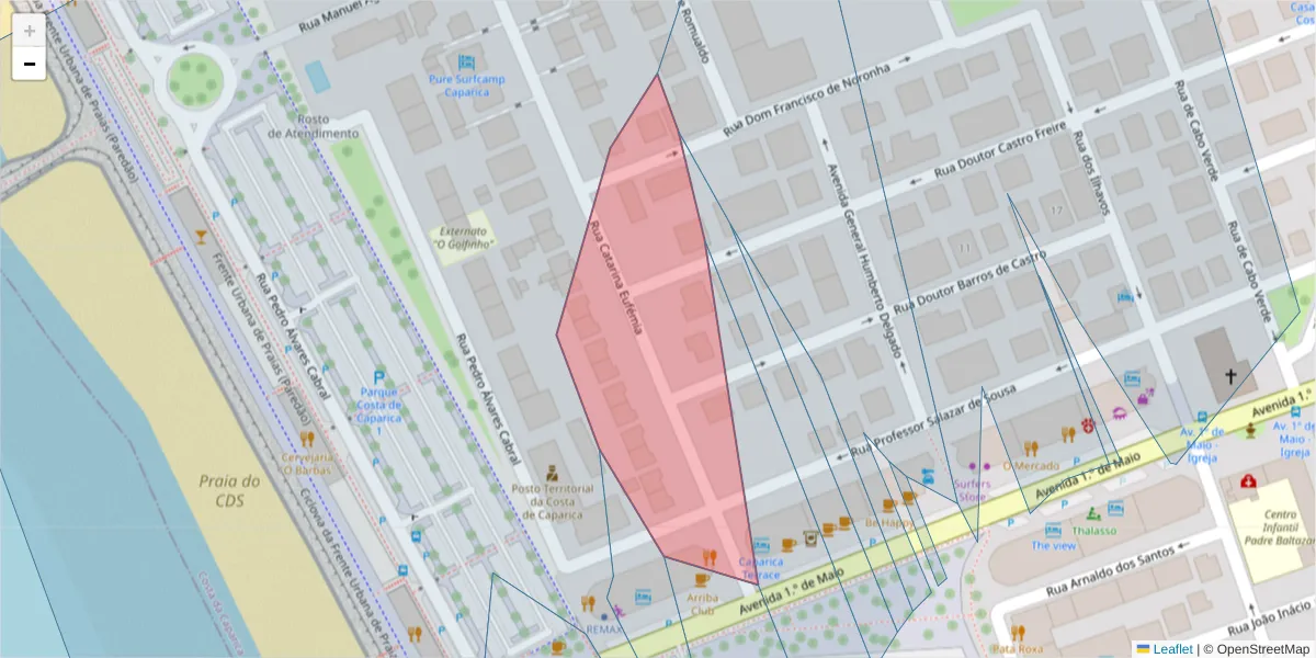 Mapa detalhado do código postal 2825-319 com limites, códigos postais vizinhos e agências dos correios