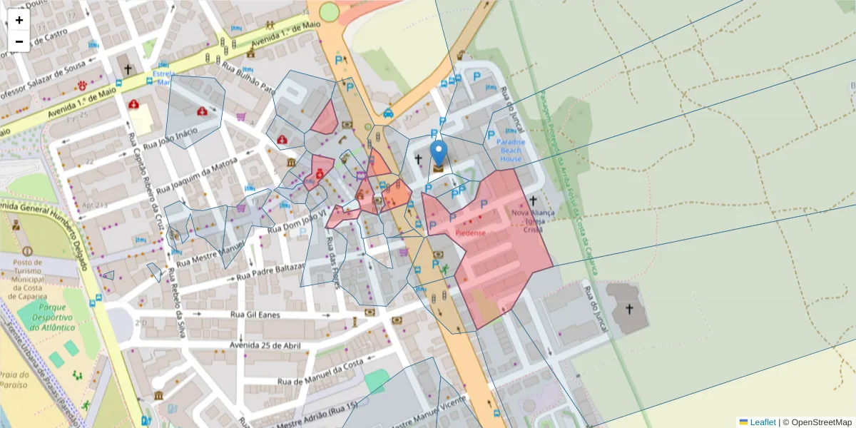 Mapa detalhado do código postal 2825-322 com limites, códigos postais vizinhos e agências dos correios
