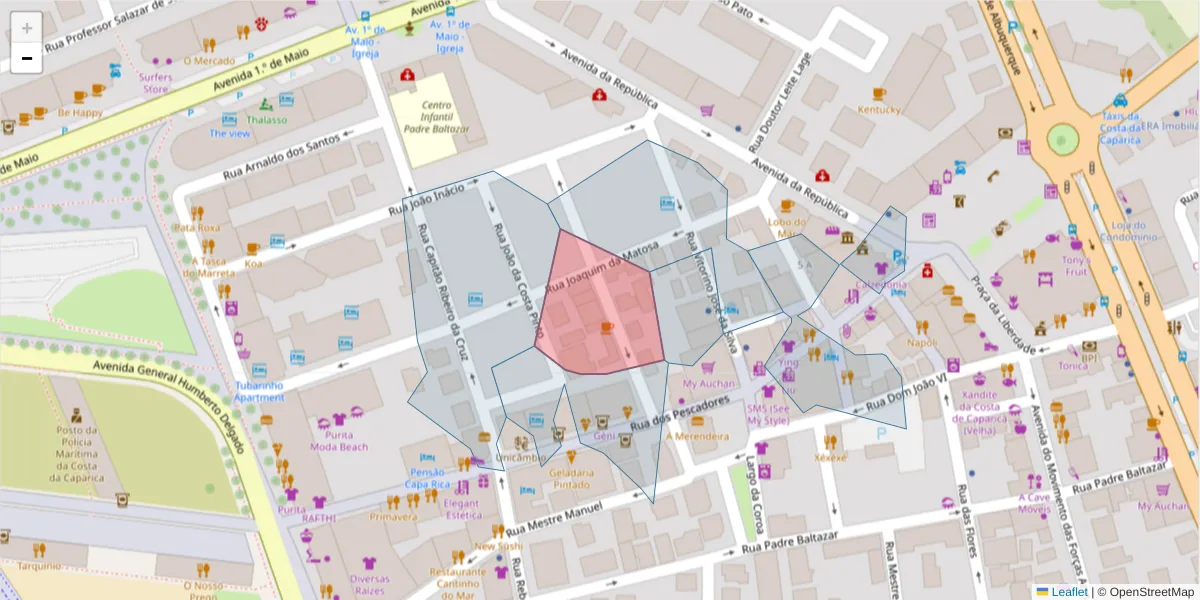 Mapa detalhado do código postal 2825-327 com limites, códigos postais vizinhos e agências dos correios