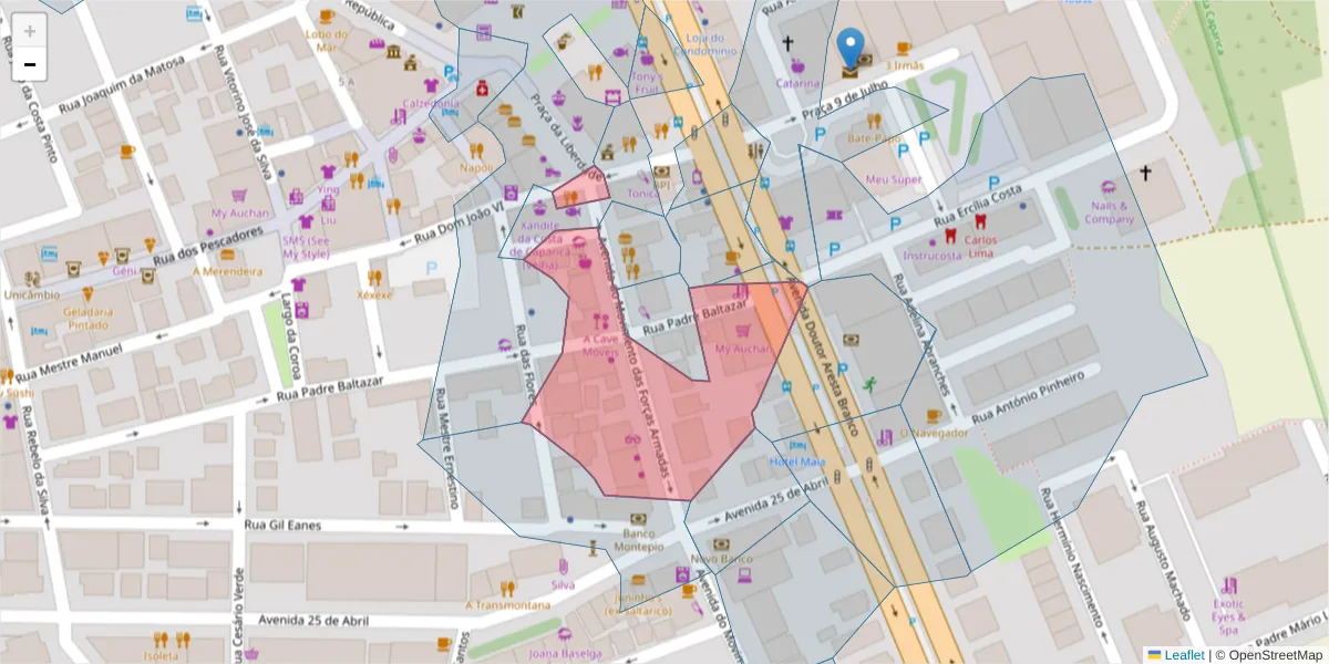 Mapa detalhado do código postal 2825-329 com limites, códigos postais vizinhos e agências dos correios