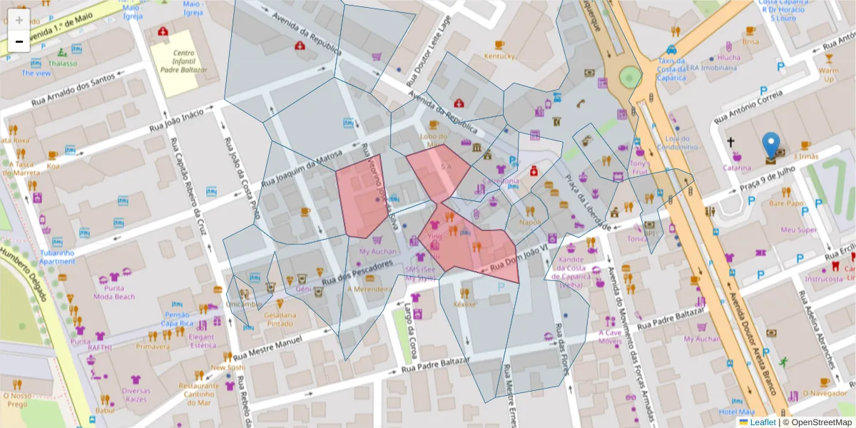 Mapa detalhado do código postal 2825-347 com limites, códigos postais vizinhos e agências dos correios