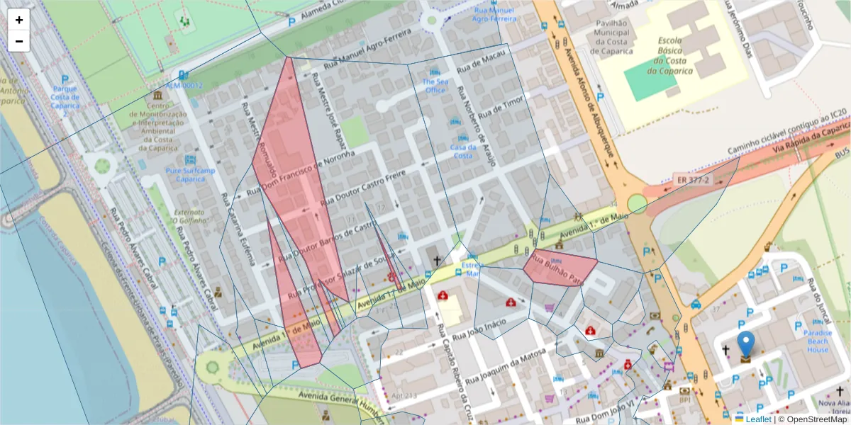 Mapa detalhado do código postal 2825-394 com limites, códigos postais vizinhos e agências dos correios
