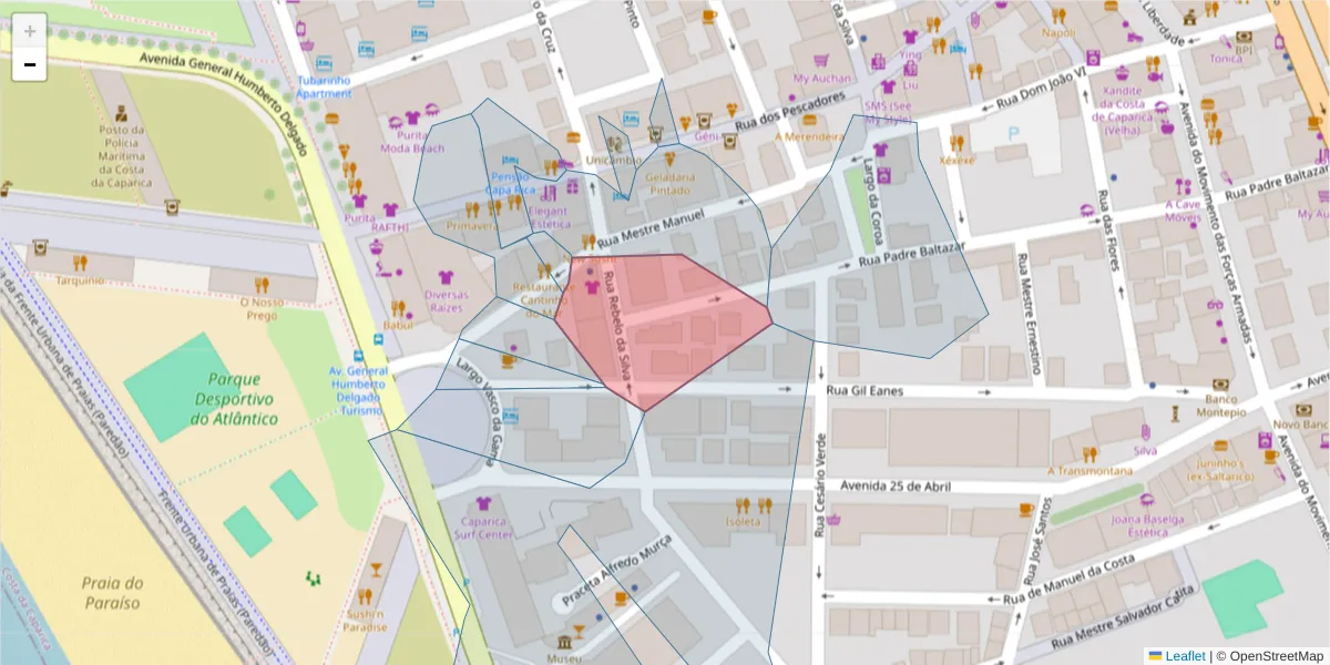 Mapa detalhado do código postal 2825-398 com limites, códigos postais vizinhos e agências dos correios