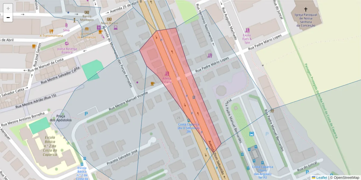 Mapa detalhado do código postal 2825-405 com limites, códigos postais vizinhos e agências dos correios