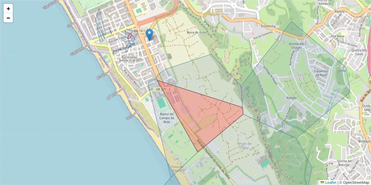 Mapa detalhado do código postal 2825-407 com limites, códigos postais vizinhos e agências dos correios