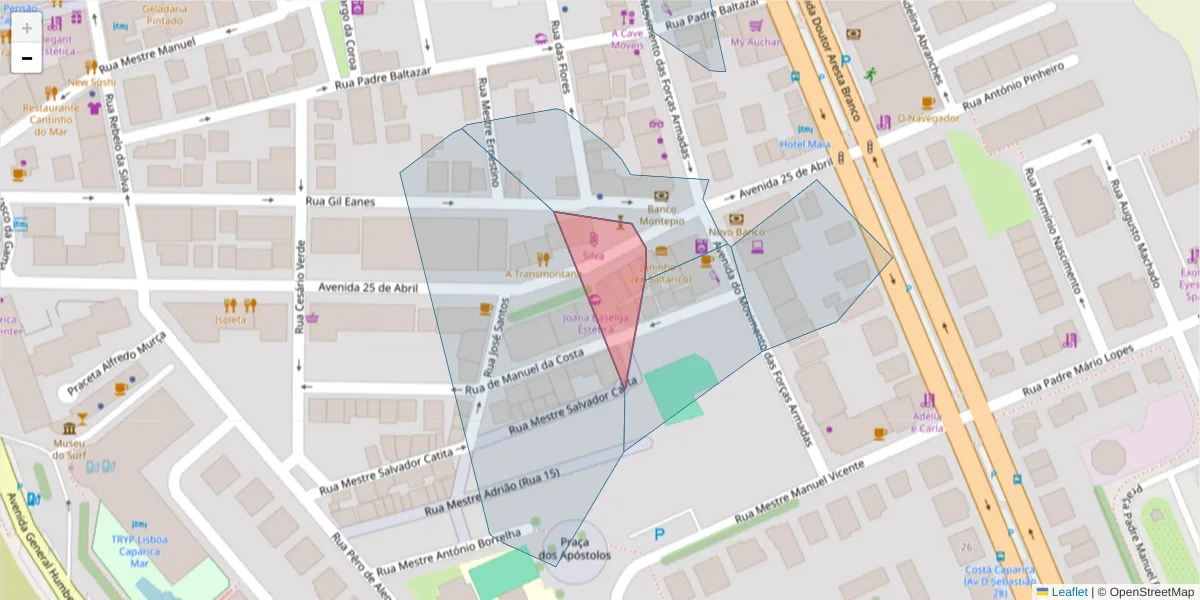Mapa detalhado do código postal 2825-415 com limites, códigos postais vizinhos e agências dos correios