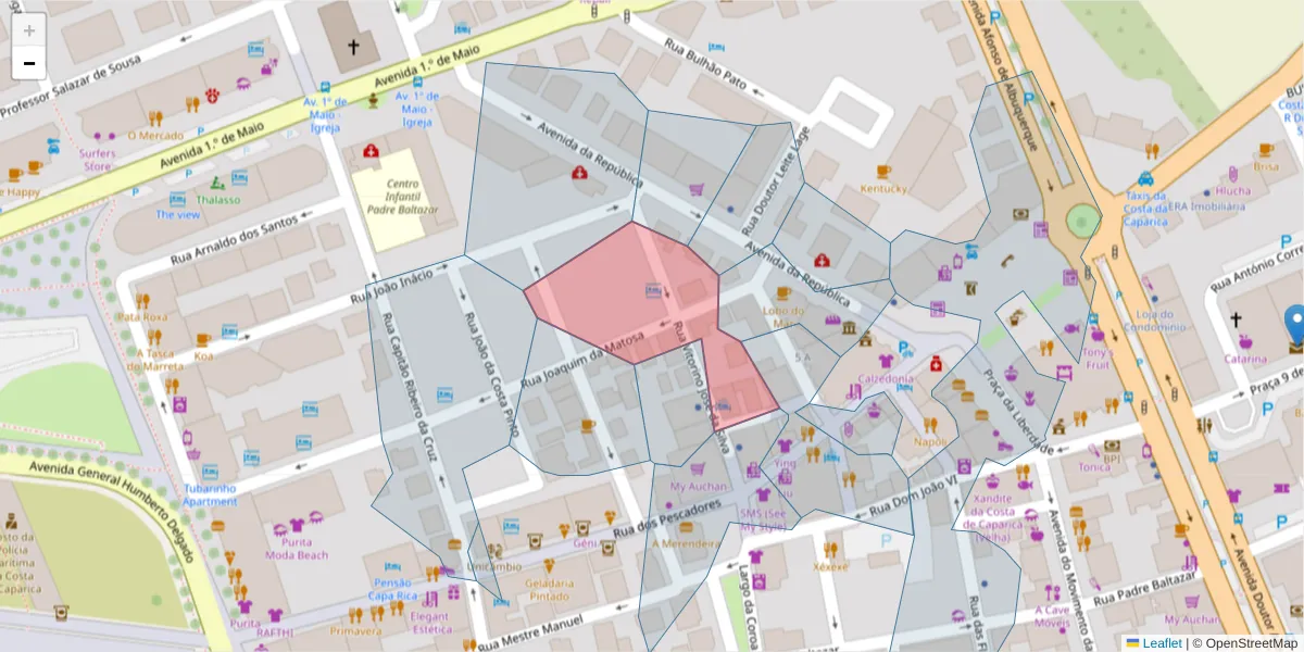 Mapa detalhado do código postal 2825-421 com limites, códigos postais vizinhos e agências dos correios