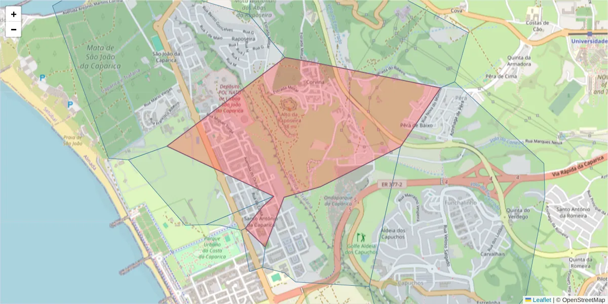 Mapa detalhado do código postal 2825-450 com limites, códigos postais vizinhos e agências dos correios