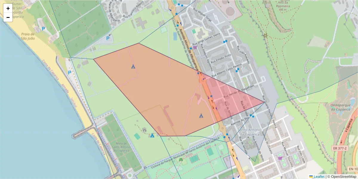 Mapa detalhado do código postal 2825-451 com limites, códigos postais vizinhos e agências dos correios