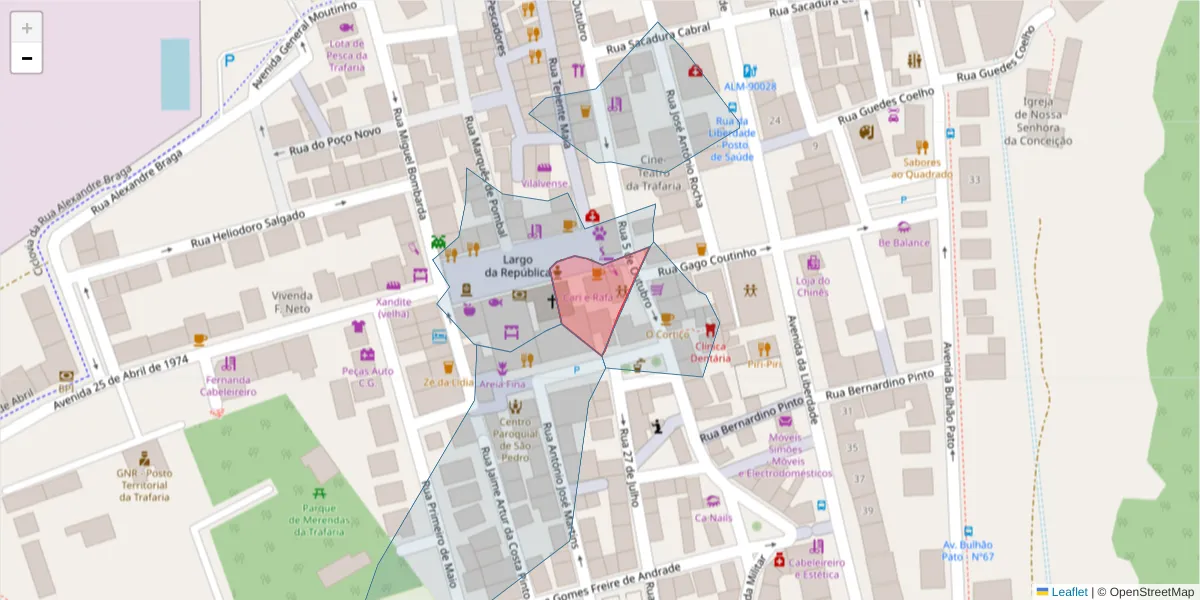 Mapa detalhado do código postal 2825-502 com limites, códigos postais vizinhos e agências dos correios