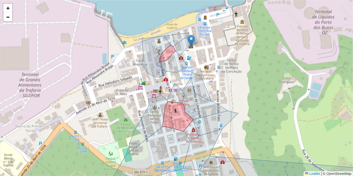 Mapa detalhado do código postal 2825-848 com limites, códigos postais vizinhos e agências dos correios