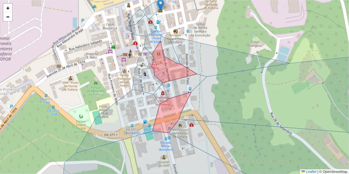 Mapa detalhado do código postal 2825-861 com limites, códigos postais vizinhos e agências dos correios