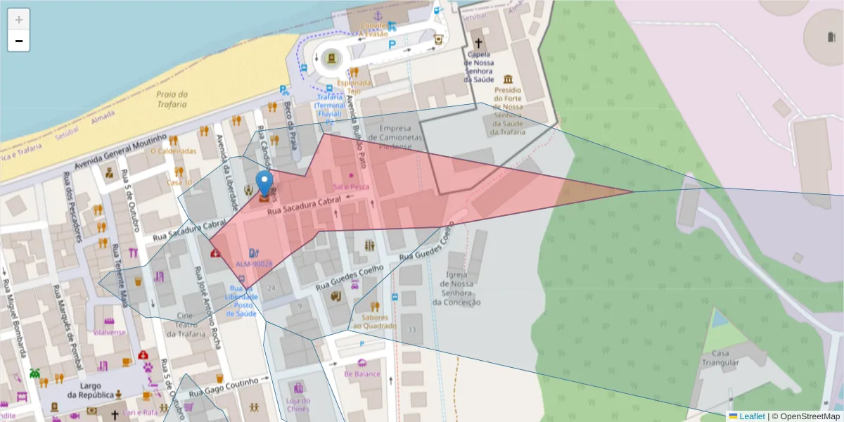 Mapa detalhado do código postal 2825-887 com limites, códigos postais vizinhos e agências dos correios